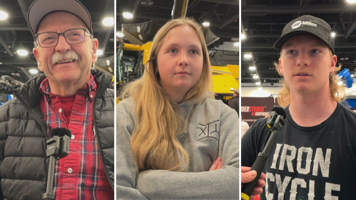 A collage of three people standing in a market hall.